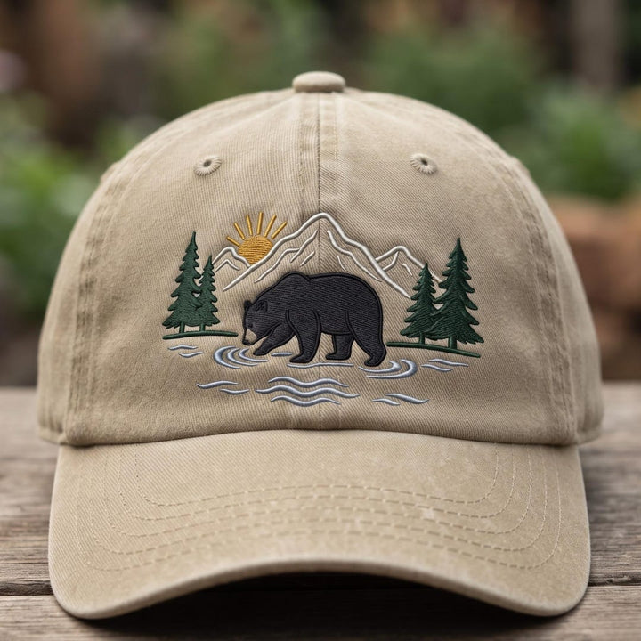 Bear Mountain Forest River Scene Outdoor Nature Embroidered Hat — Washed Hat