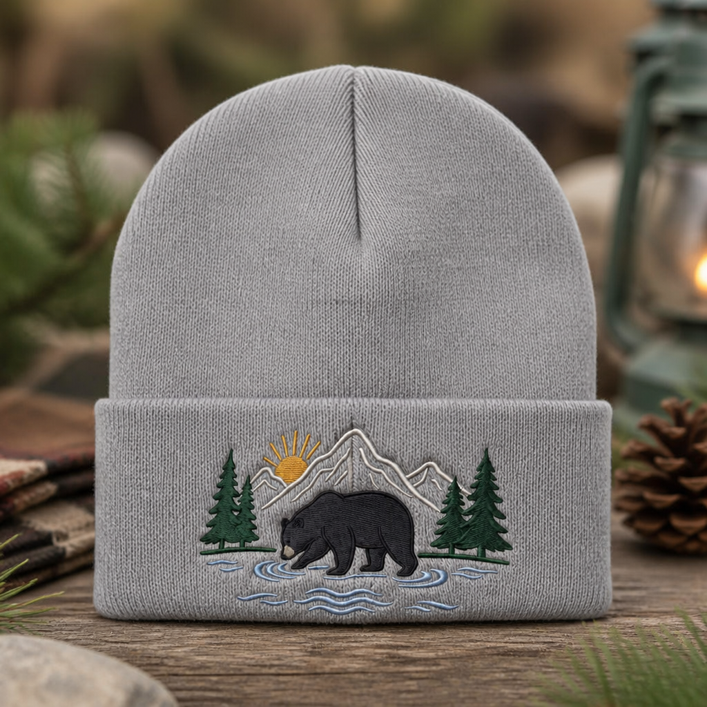 Bear Mountain Forest River Scene Outdoor Nature Embroidered Beanie