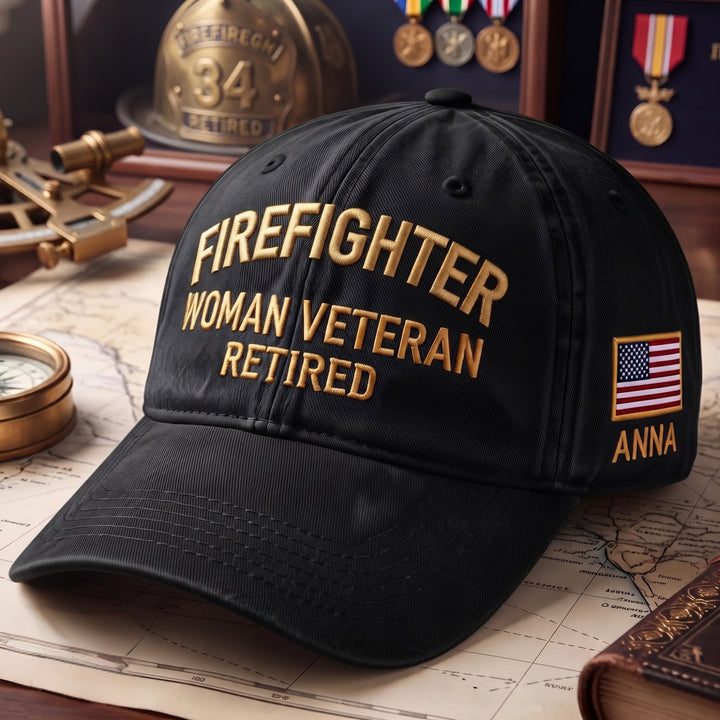 Personalized Firefighter Woman Veteran Retired American Flag Custom Name Embroidered Hat — Baseball Cap