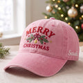 Personalized Merry Christmas Pine Wreath Bow Ornament Custom Name Embroidered Hat — Washed Hat