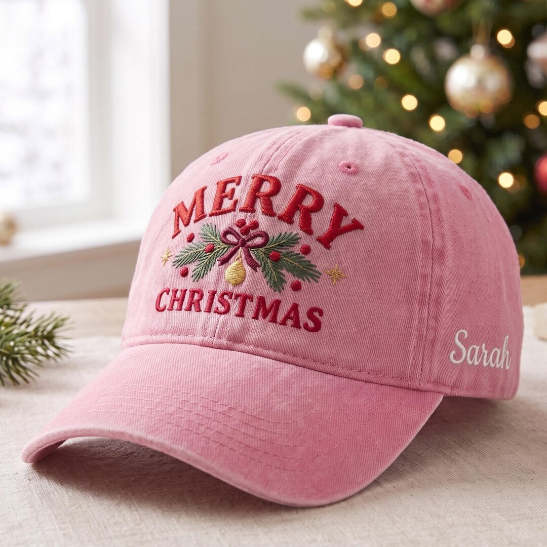 Personalized Merry Christmas Pine Wreath Bow Ornament Custom Name Embroidered Hat — Washed Hat