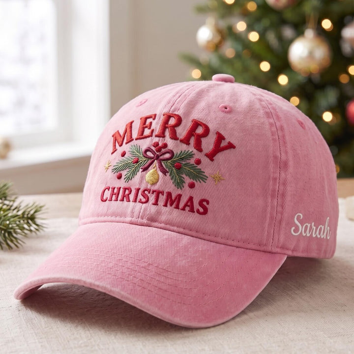 Personalized Merry Christmas Pine Wreath Bow Ornament Custom Name Embroidered Hat — Washed Hat