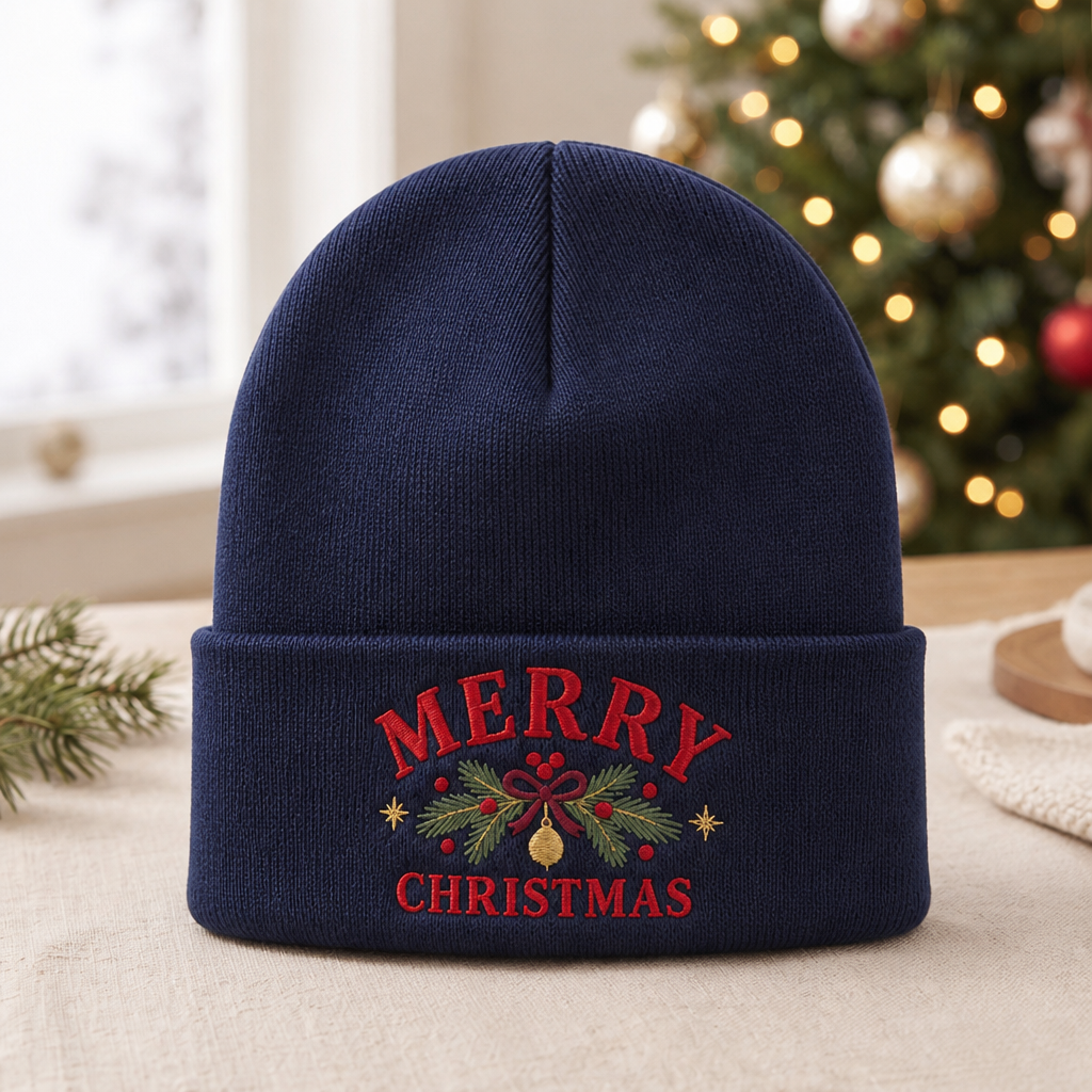 Personalized Merry Christmas Pine Wreath Bow Ornament Custom Name Embroidered Beanie