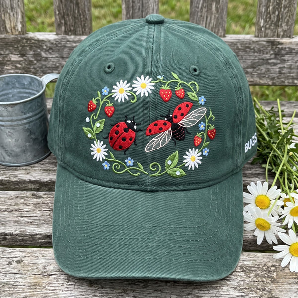 Ladybug Floral Wreath Strawberry Daisy Garden Embroidered Hat — Washed Hat