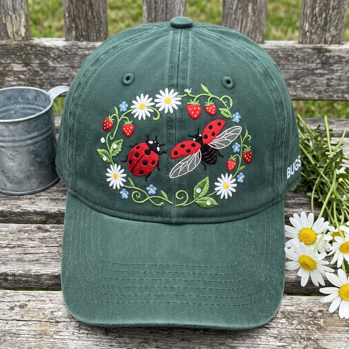 Ladybug Floral Wreath Strawberry Daisy Garden Embroidered Hat — Washed Hat