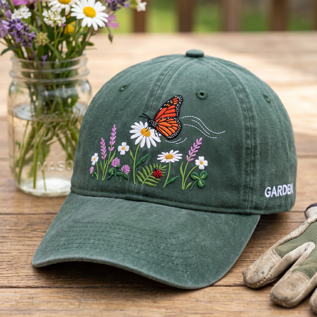 Monarch Butterfly Wildflower Garden Daisy Ladybug Embroidered Hat — Washed Hat