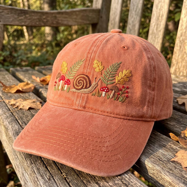Autumn Snail Mushroom Fern Oak Leaf Cottagecore Woodland Embroidered Hat — Washed Hat