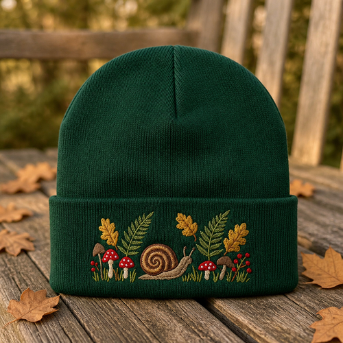 Autumn Snail Mushroom Fern Oak Leaf Cottagecore Woodland Embroidered Beanie