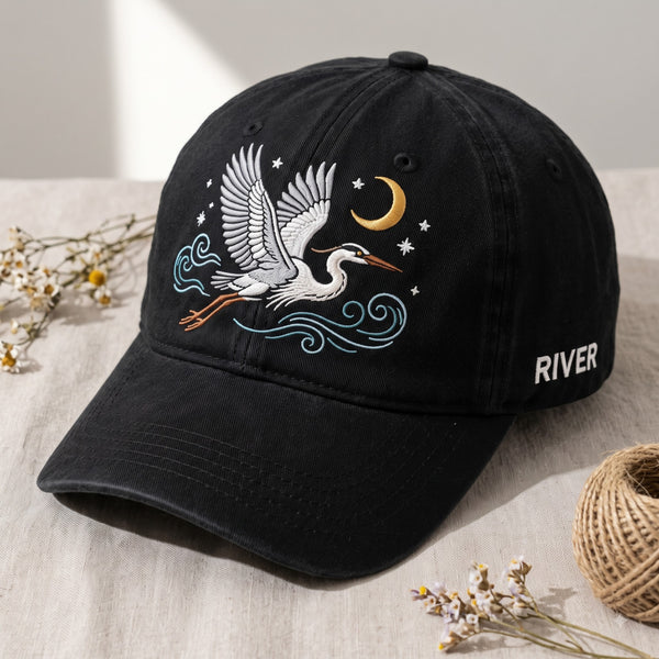Personalized Blue Heron Flying Moon Stars Night Sky Embroidered Hat — Washed Hat