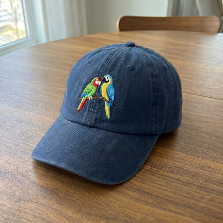Two Parrots on Branch Bird Lover Embroidered Hat — Washed Hat