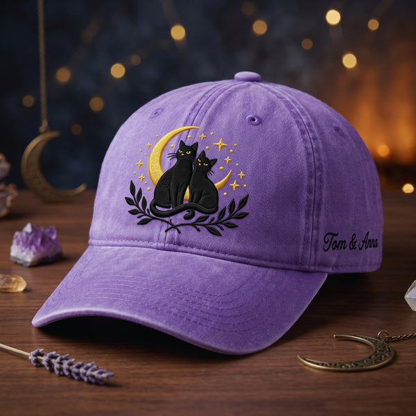 Personalized Two Black Cats Crescent Moon Stars Floral Witchy Embroidered Hat — Washed Hat