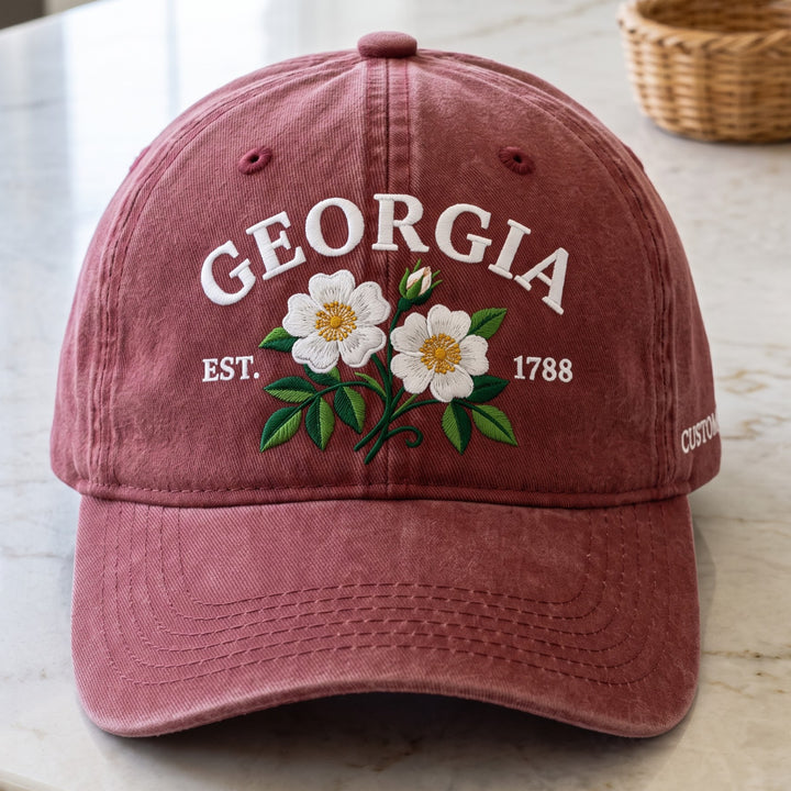 Georgia State Flower Cherokee Rose EST 1788 Embroidered Hat — Washed Hat