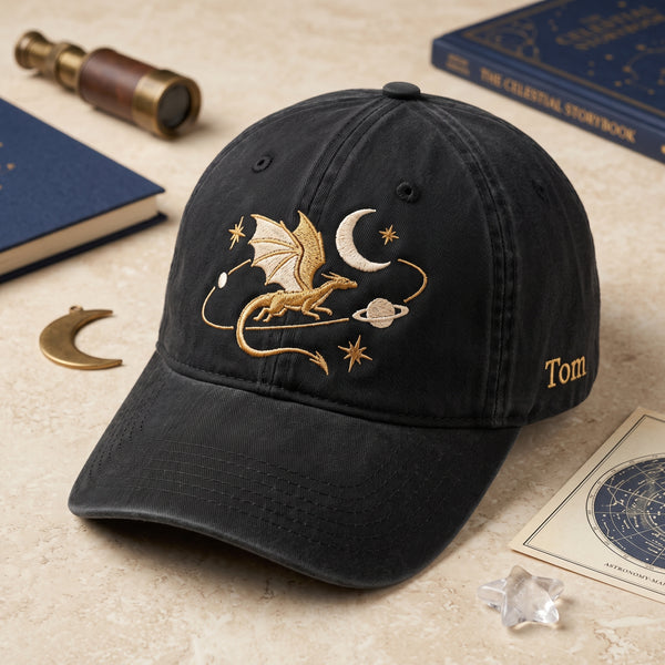 Personalized Celestial Dragon Moon Saturn Stars Fantasy Embroidered Hat — Washed Hat