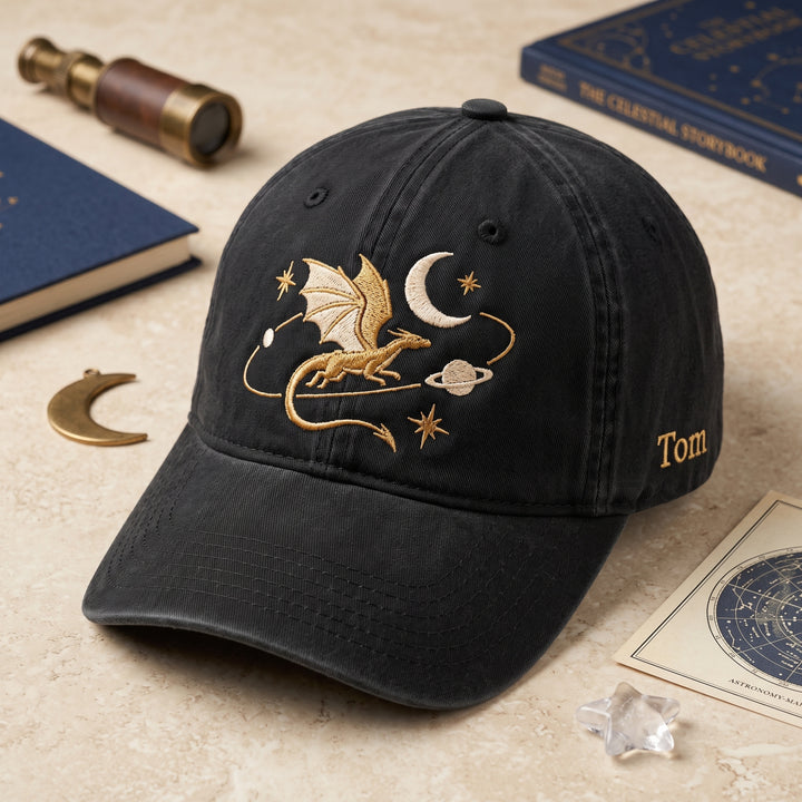 Personalized Celestial Dragon Moon Saturn Stars Fantasy Embroidered Hat — Washed Hat