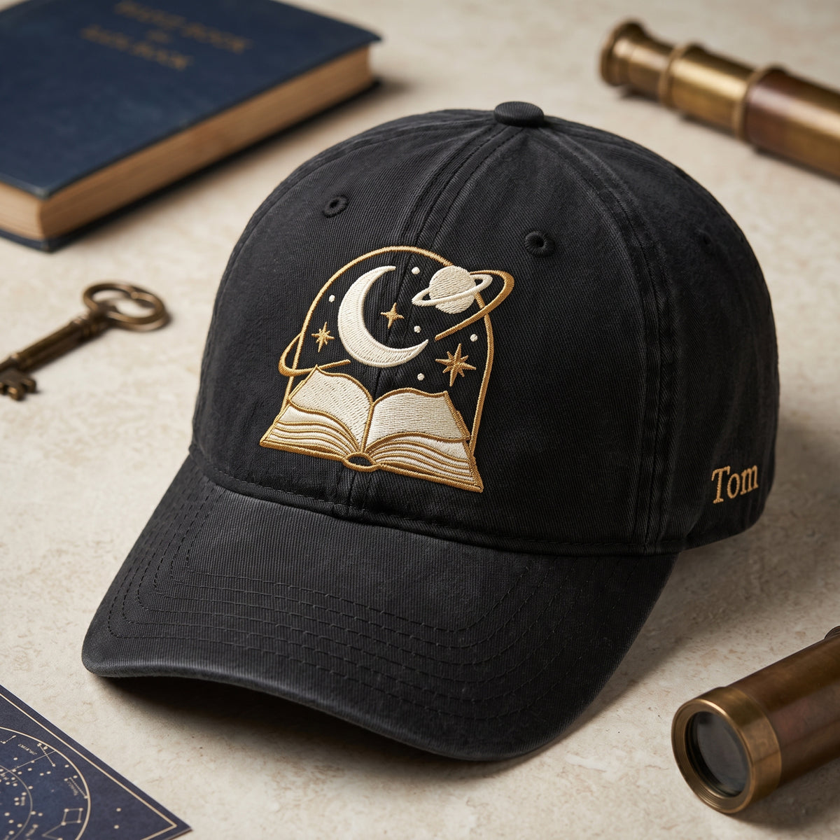 Personalized Celestial Book Moon Saturn Stars Reading Fantasy Embroidered Hat — Washed Hat