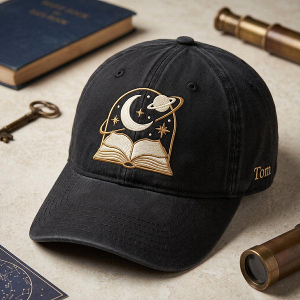 Personalized Celestial Book Moon Saturn Stars Reading Fantasy Embroidered Hat — Washed Hat