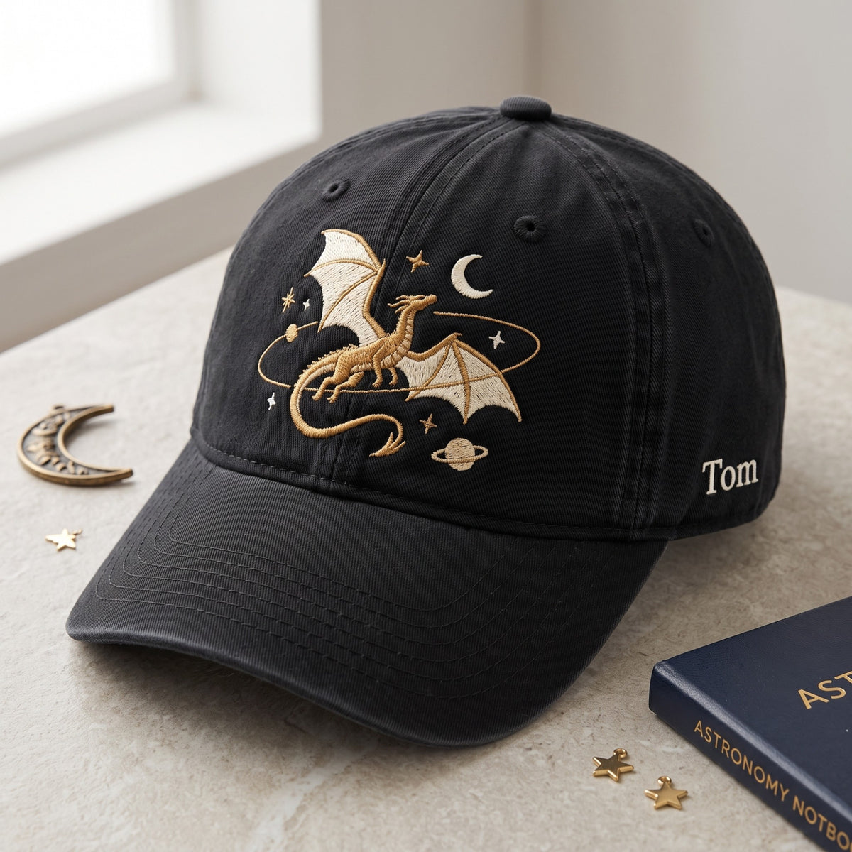 Personalized Mystical Dragon Moon Stars Planets Fantasy Embroidered Hat — Washed Hat