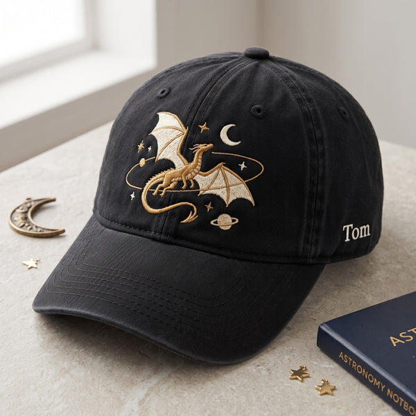 Personalized Mystical Dragon Moon Stars Planets Fantasy Embroidered Hat — Washed Hat