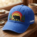 Personalized Black Bear Rainbow Pine Trees Retro Sunset Outdoor Embroidered Hat — Washed Hat