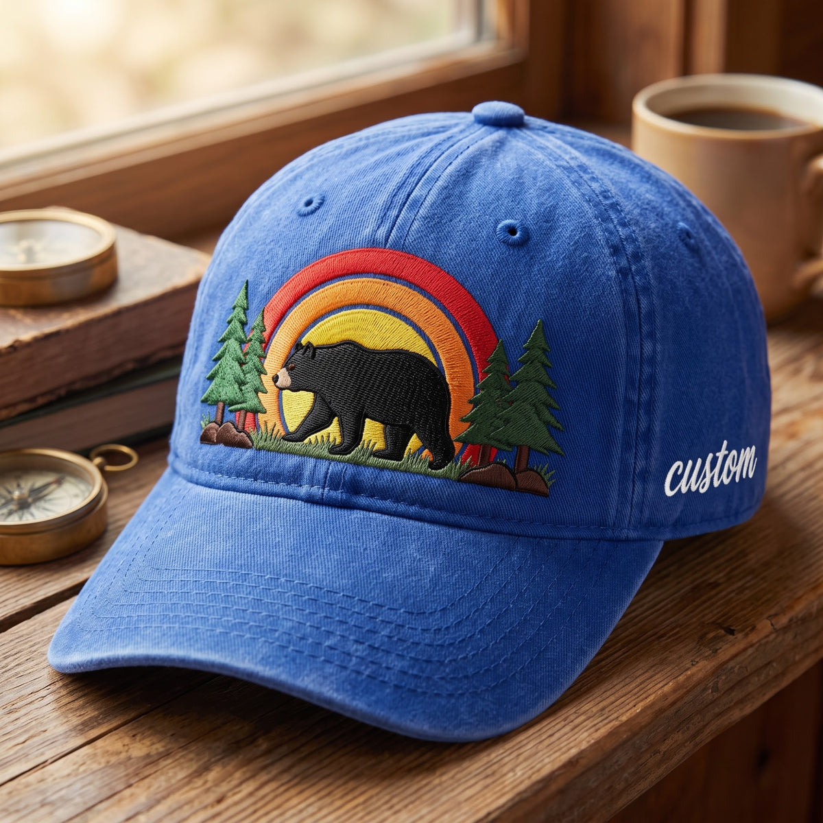 Personalized Black Bear Rainbow Pine Trees Retro Sunset Outdoor Embroidered Hat — Washed Hat