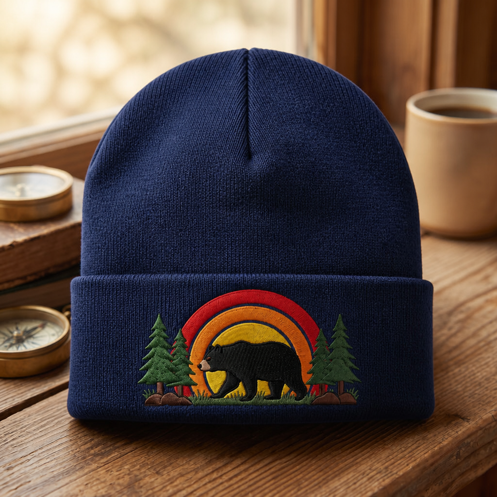 Personalized Black Bear Rainbow Pine Trees Retro Sunset Outdoor Embroidered Beanie