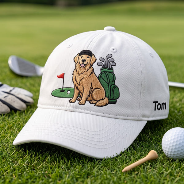 Personalized Golf Golden Retriever Golf Bag Flag embroidered two-tone hat — front view