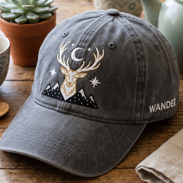 Celestial Stag Deer Moon Mountains Stars Wander Embroidered Hat — Washed Hat