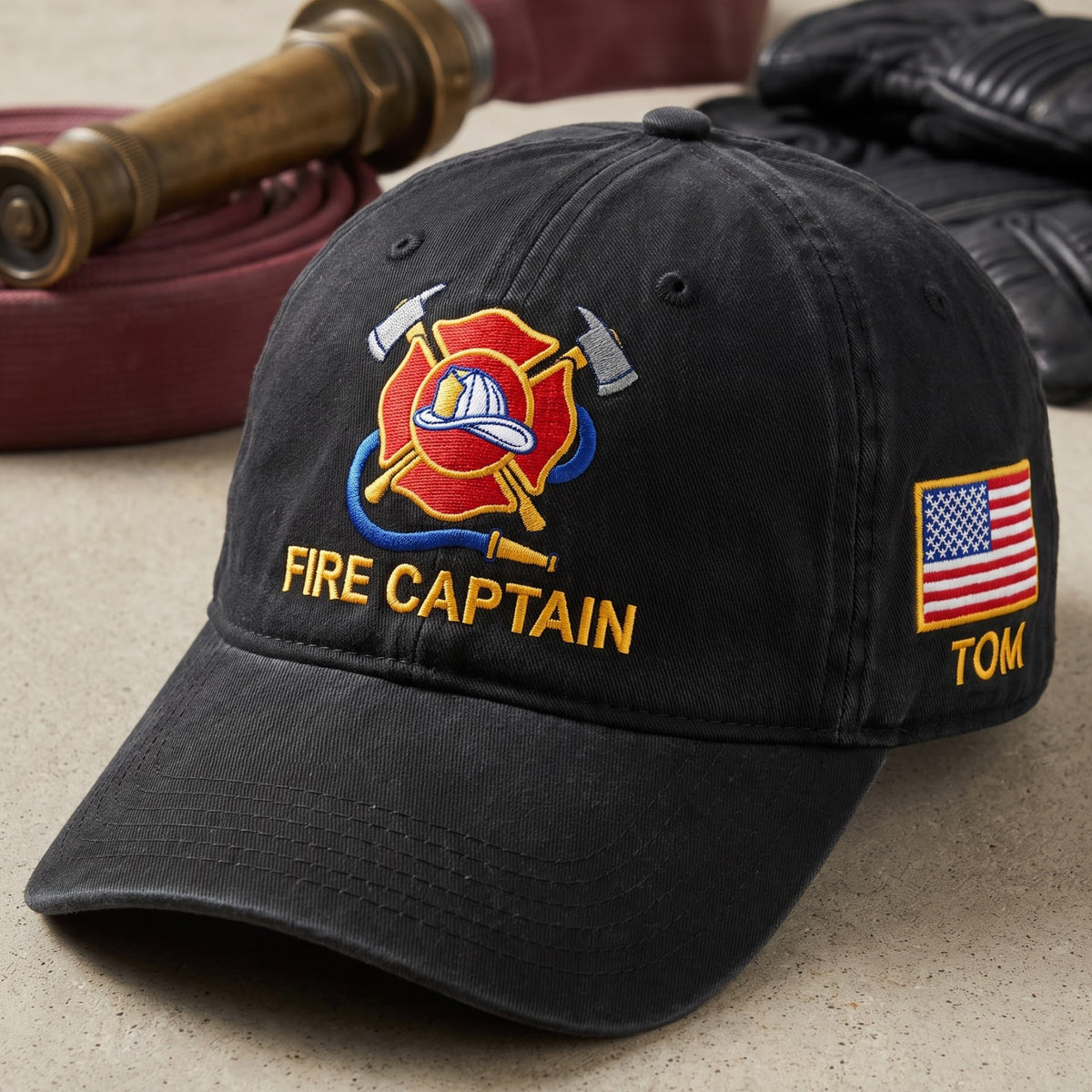 Personalized Fire Captain Firefighter Maltese Cross Axes Helmet American Flag Embroidered Hat — Washed Hat