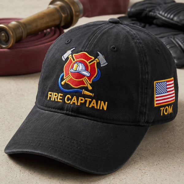 Personalized Fire Captain Firefighter Maltese Cross Axes Helmet American Flag Embroidered Hat — Washed Hat