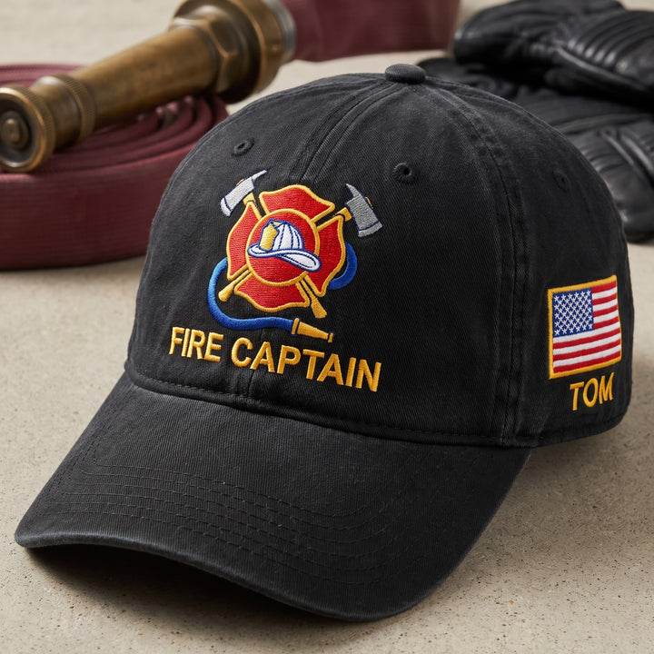 Personalized Fire Captain Firefighter Maltese Cross Axes Helmet American Flag Embroidered Hat — Washed Hat