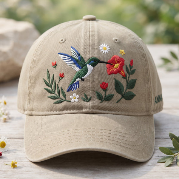 Personalized Hummingbird Wildflowers Floral Garden Embroidered Hat — Washed Hat