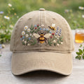 Honey Bee Wildflower Garden Botanical Floral Embroidered Hat — Washed Hat