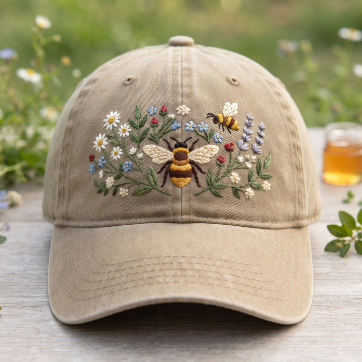 Honey Bee Wildflower Garden Botanical Floral Embroidered Hat — Washed Hat