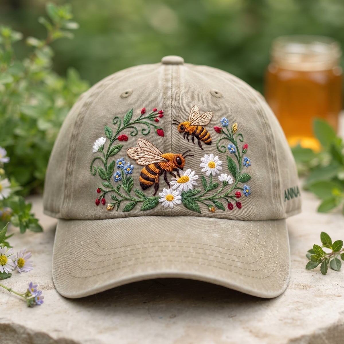Personalized Honey Bee Daisy Wildflower Floral Wreath Garden Embroidered Hat — Washed Hat