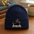 Black Cat Sleeping on Open Book Wildflowers Embroidered Beanie