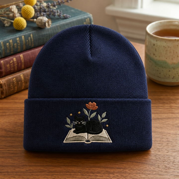 Black Cat Sleeping on Open Book Wildflowers Embroidered Beanie
