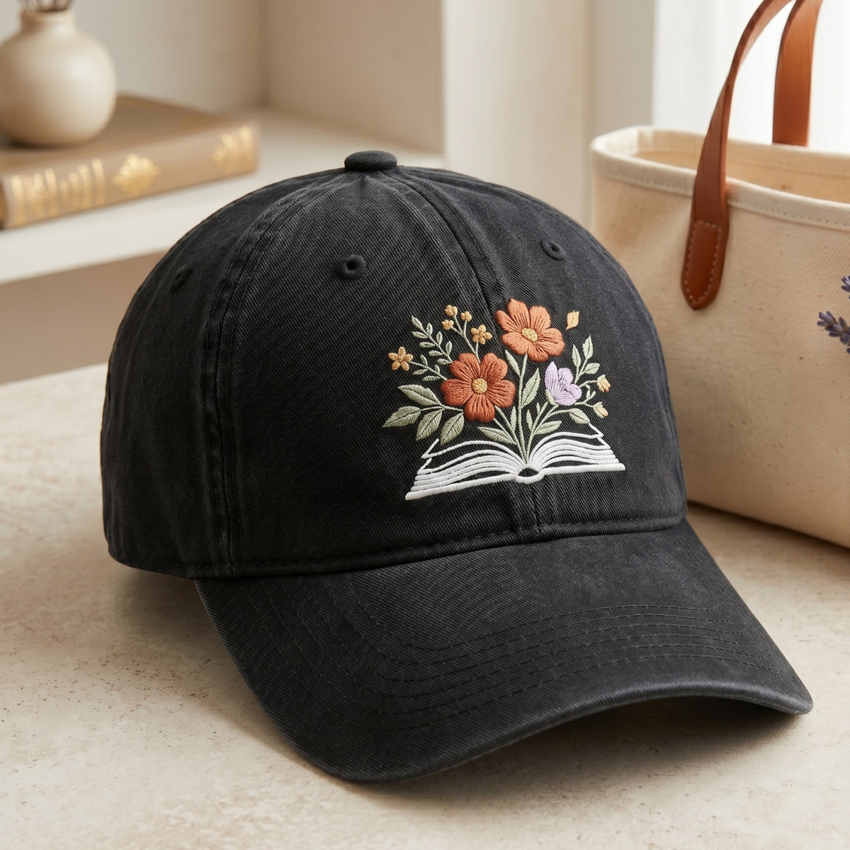 Wildflower Bouquet Open Book Floral Reading Embroidered Hat — Washed Hat