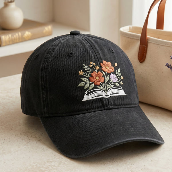 Wildflower Bouquet Open Book Floral Reading Embroidered Hat — Washed Hat