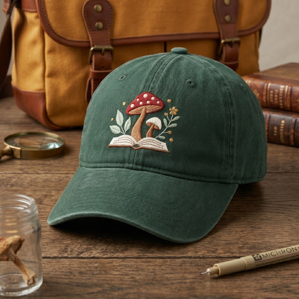 Mushroom Open Book Wildflowers Cottagecore Reading Embroidered Hat — Washed Hat