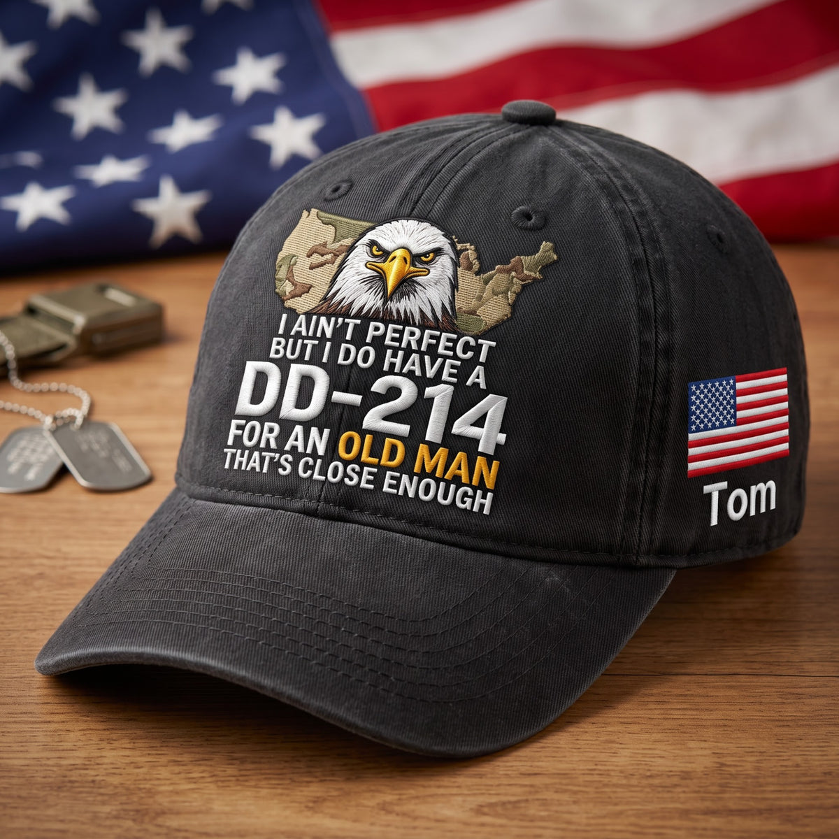 Personalized Veteran DD-214 Old Man Bald Eagle American Flag Embroidered Hat — Washed Hat