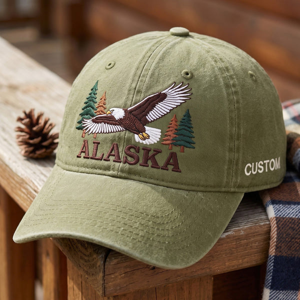 Personalized Alaska Bald Eagle Pine Trees Embroidered Hat — Washed Hat