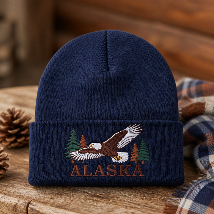 Personalized Alaska Bald Eagle Pine Trees Embroidered Beanie