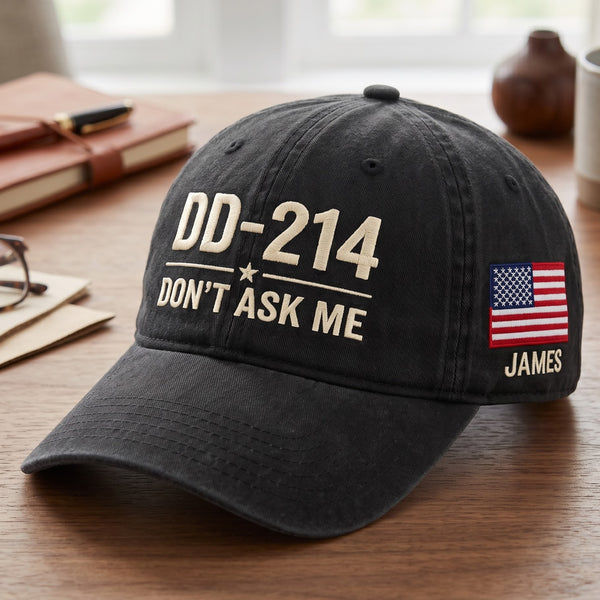 Personalized DD-214 Don't Ask Me American Flag Veteran Embroidered Hat — Washed Hat