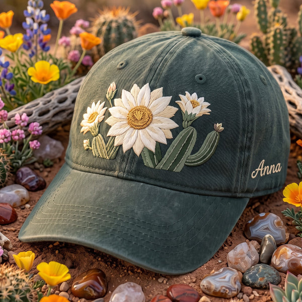 Personalized Desert Wildflower Cactus Bloom Botanical Embroidered Hat — Washed Hat