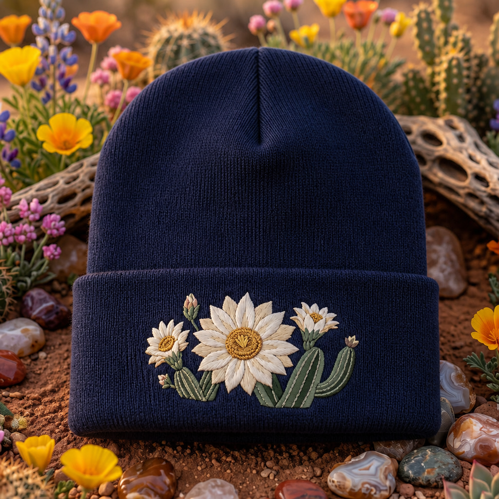Personalized Desert Wildflower Cactus Bloom Botanical Embroidered Beanie