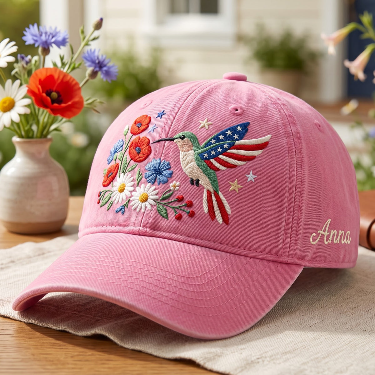 Personalized Patriotic Hummingbird Wildflowers American Flag Wings Stars Embroidered Hat — Baseball Cap