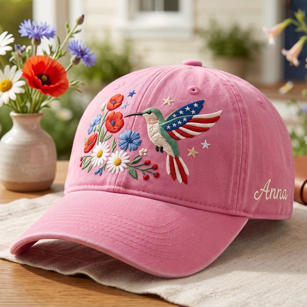 Personalized Patriotic Hummingbird Wildflowers American Flag Wings Stars Embroidered Hat — Baseball Cap