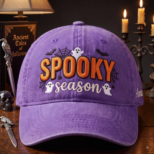 Personalized Halloween Spooky Season Ghosts Bats Spider Webs Embroidered Hat — Washed Hat