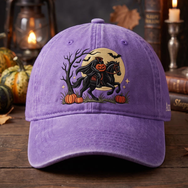 Halloween Headless Horseman Pumpkin Head Black Horse Moon Bats Embroidered Hat — Washed Hat