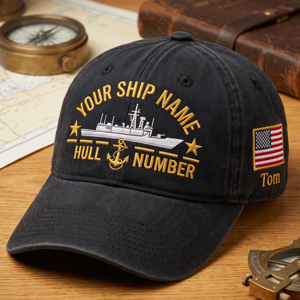 Personalized Navy Ship Name Hull Number Custom Name American Flag Embroidered Hat — Washed Hat